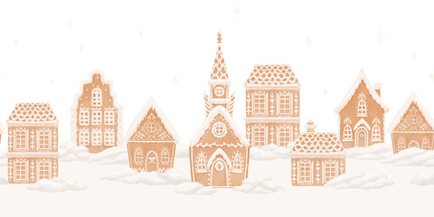 Fototapeta premium Christmas Winter Village with Church and Snowy Gingerbread Houses, Vector Rural Holiday Landscape