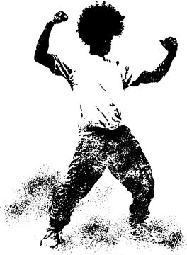 Grunge black and white stencil of a victorious hip hop breakdancer striking a pose with textured splatter for poster and background design in monochrome