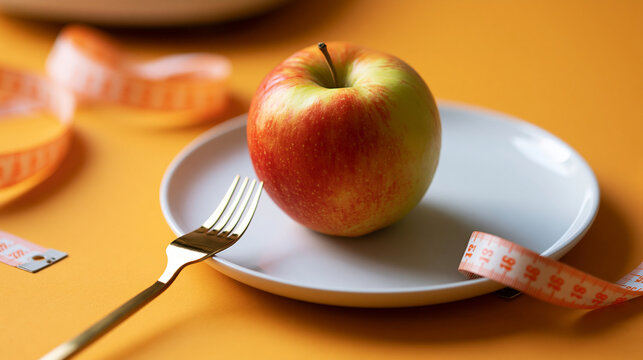 diet concept plate with an apple and measuring tape displayed on a bright orange background, nutrition concept, portion control, bright, with copy space