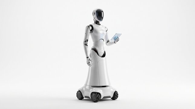 Modern humanoid robot with tablet on wheels stands on a white background
