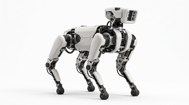 Advanced robotic dog with articulated legs and camera stands on a clean white background
