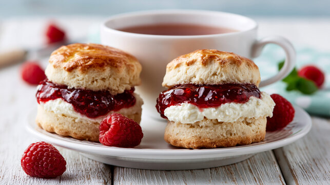 Fresh scones with clotted cream and raspberry jam served with tea on a rustic plate