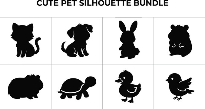 Art & IllustrationCute pet silhouette collection featuring puppy dog cat rabbit bird and small domestic animals vector illustration