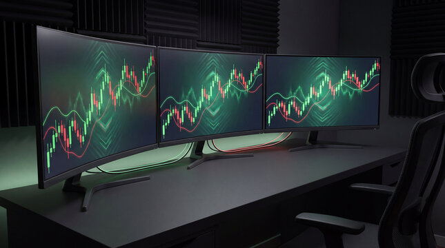Trading Station Display: Three curved monitors on a sleek desk showcase real-time stock market graphs, displaying fluctuating red and green lines, hinting at a dynamic financial trading environment.