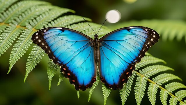 Blue morpho butterfly resting on green fern leaves