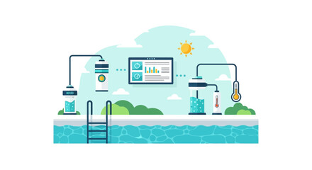 Obraz premium Smart Swimming Pool Maintenance System with Digital Monitoring Dashboard and Automated Sensors Flat Vector Illustration