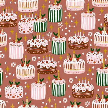 Colorful birthday cake seamless pattern for festive designs