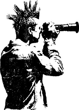 Grunge black and white punk stencil of a mohawk photographer looking through lens for poster and background design