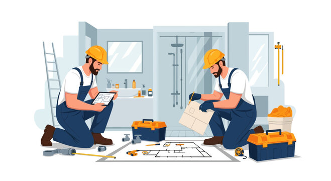 Two plumbers coordinating a bathroom renovation project using blueprints and a tablet