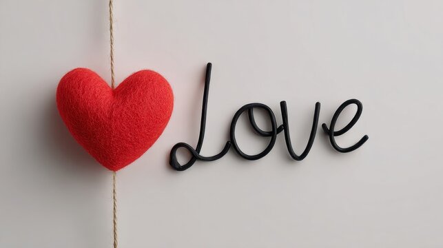Red wool heart hanging on twine beside black wire love script on white background