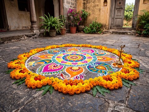 Colorful rangoli pattern with marigold flowers on floor