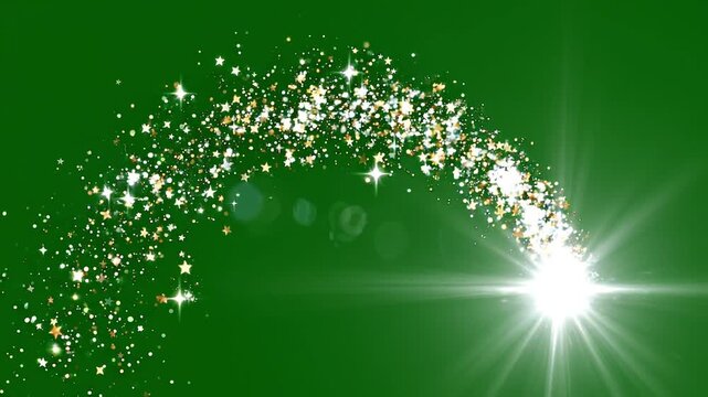 Sparkling star trail with bright flare and lens flare effect moves dynamically across green background.