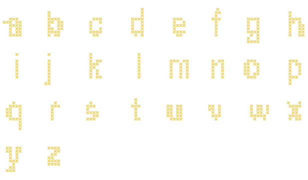 Yellow Cross Stitch Alphabet Pattern Complete Lowercase English Letters a to z Pixel Art Font Isolated on White Background for DIY Craft Embroidery Project