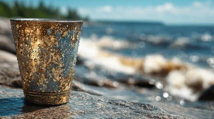 Fototapeta premium Refreshing Cold Metal Tumbler with Water Droplets on a Sunny Rocky Shoreline with Crashing Waves