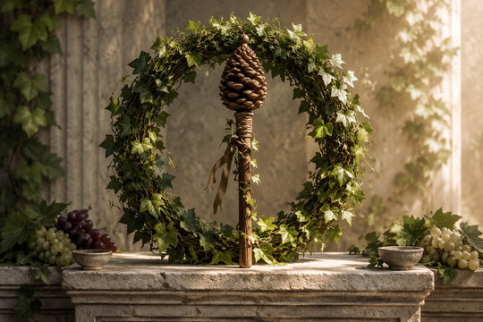 An ivy wreath encircling a thyrsus staff on a stone altar, symbolic of celebration and nature.