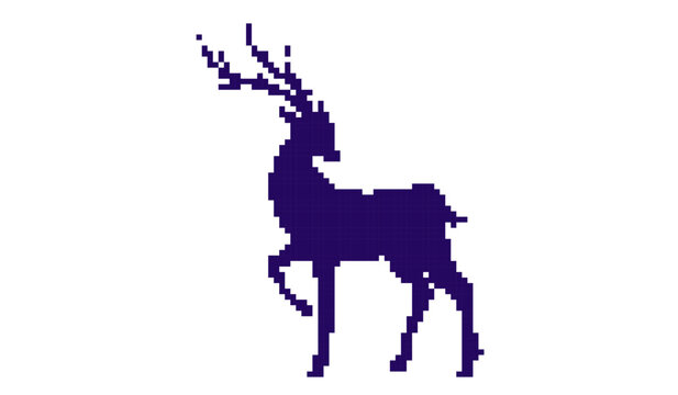 Dark Blue Standing Reindeer Pixel Art Silhouette Graceful Stag Antlers Isolated on White Background for Christmas Craft and Embroidery Project