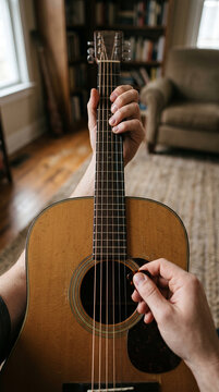 POV of person playing acoustic guitar in a cozy living room