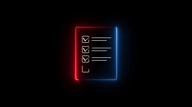 Glowing Neon Checklist Outline Icon Animation, Document Verification, Task Completion and Digital Approval Symbol on Black Background