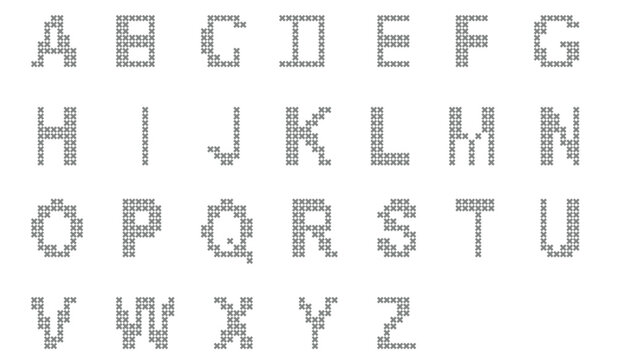 Grey Cross Stitch Alphabet Pattern Complete English Capital Letters A to Z Pixel Art Font Isolated on White Background for DIY Craft Embroidery Project