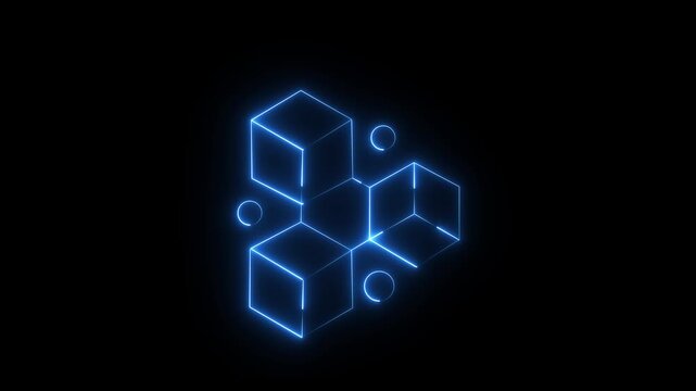 glowing neon blue Geometric Cubes Arrangement With Circles Motion graphics of concept black background. animation 4k video