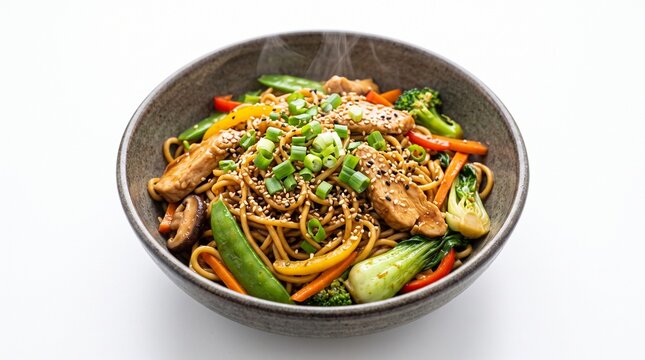 Delicious stir-fried noodles with chicken and fresh vegetables in a bowl