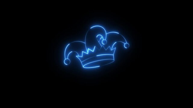 Glowing Neon Jester Hat Icon Animation with Bells, Joker Playing Card Symbol, Casino Entertainment and Carnival Outline on Black Background