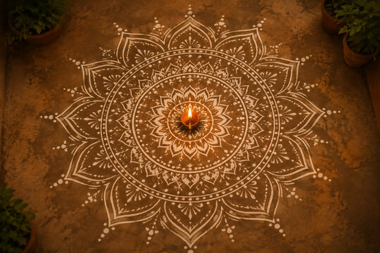 Mandala pattern on ground with a small oil lamp at center.