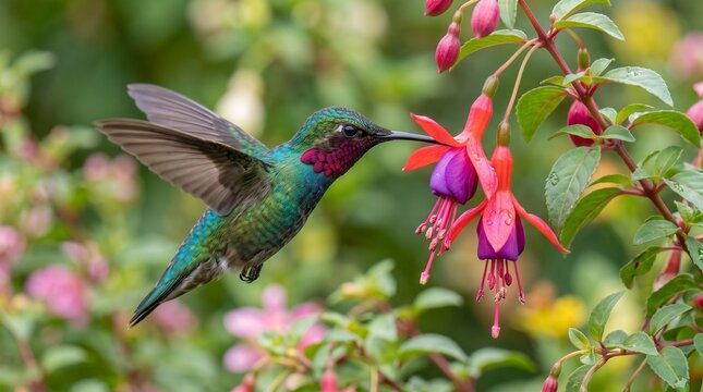 Vibrant hummingbird hovering in mid air while feeding on pink fuchsia flowers in garden.