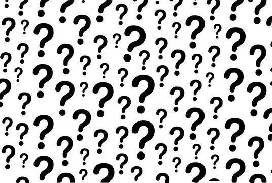 A pattern of black question marks scattered randomly on a clean white background for conceptual projects