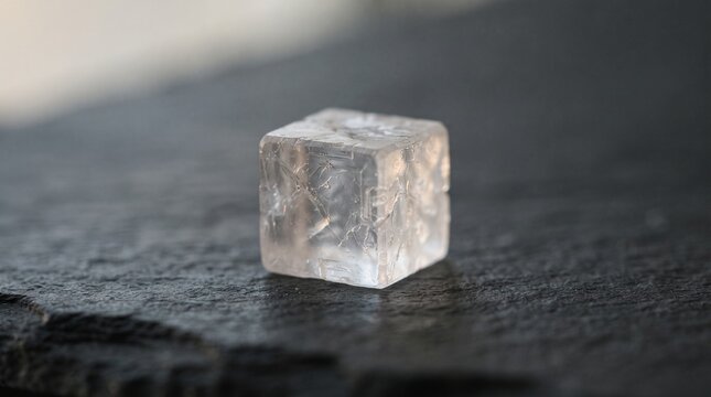 Single transparent salt crystal cube resting on a dark slate stone surface.