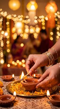 Hands lighting a clay diya with a match