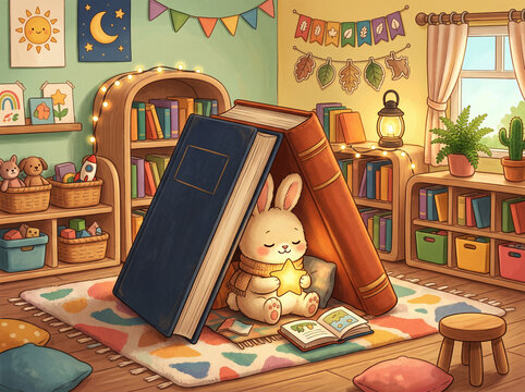 A cute bunny with a glowing star nestled in a cozy book fort, surrounded by warm string lights in a playroom.
