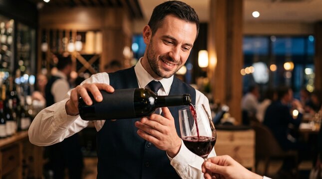 Professional sommelier pouring red wine from a bottle into a crystal glass.