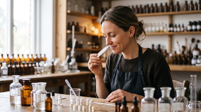 Professional female perfumer smelling fragrance sample on paper blotter strip in a cozy workshop.