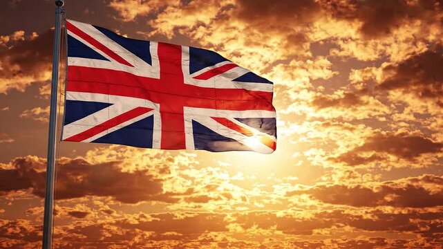 union jack flag waving in dramatic sunset sky with clouds cinematic motion footage for british patriotism and travel concepts.
