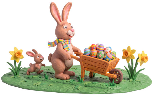 Clay Easter Bunny Pushing Wheelbarrow of Eggs. Illustration
