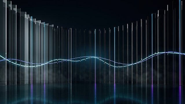 Digital data visualization displays glowing financial charts against a dark grid.