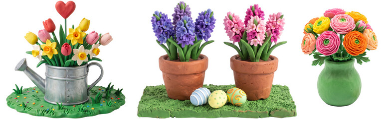 Obraz premium Clay Spring Flower Arrangements with Easter Eggs. Illustration