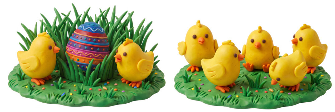 Clay Easter Chicks with Painted Egg in Grass. Illustration