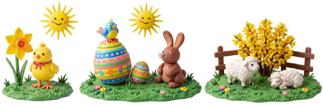 Clay Easter Scenes with Chick, Bunny, Sheep and Egg. Illustration.