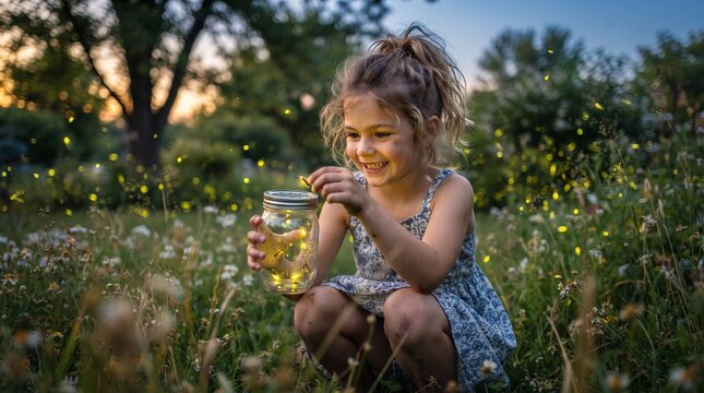 Little girl holding a glass jar catching glowing fireflies in a green summer garden at twilight.