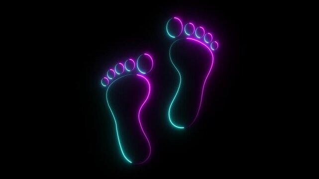 glowing neon Minimalist Black Human Footprint Walking Animation, Bare Feet Step Trail, Seamless Loop Motion Graphic on White Background animation