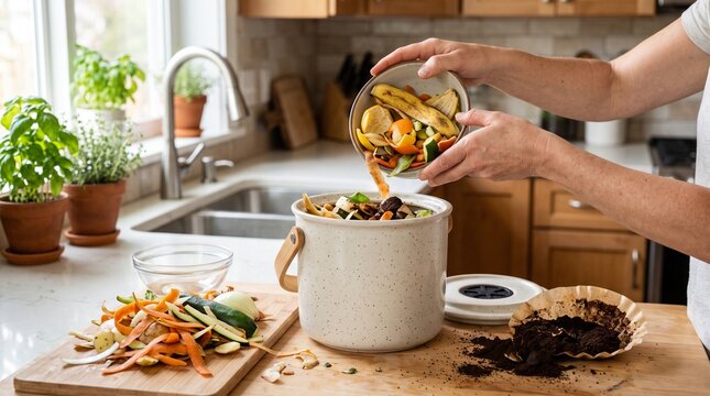 Adding kitchen food scraps to a compost bin for sustainable waste management