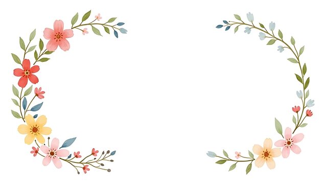 Beautiful floral wreath frame with delicate spring flowers and green leaves for wedding cards