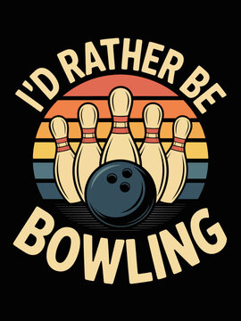 I'd rather be bowling vintage retro sunset badge with ball and cream pins