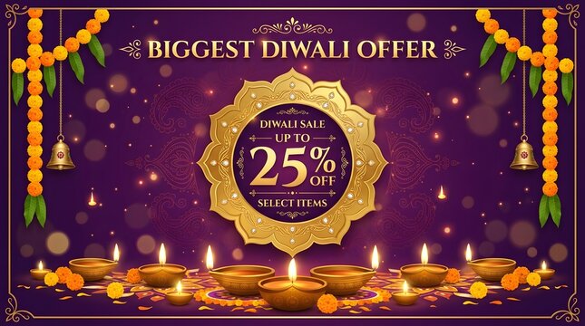 Biggest diwali offer banner with up to 25 percent off on select items, featuring traditional diya lamps, marigold garlands, and bells on purple background