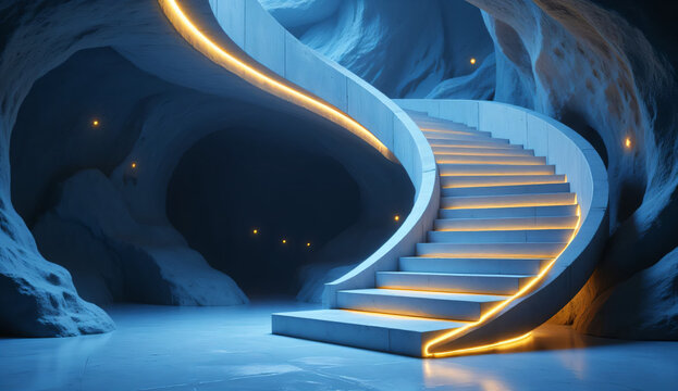 Futuristic spiral staircase with glowing warm light inside a mysterious ice cave or fantasy cavern