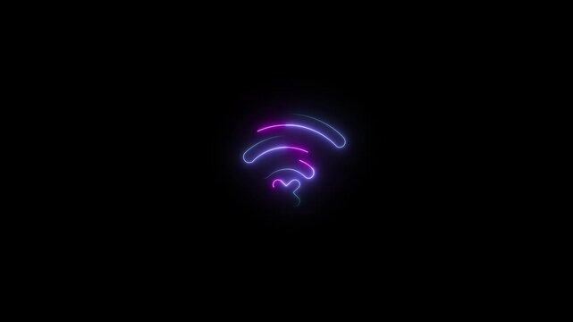 Glowing Neon WiFi No Signal Icon Animation on Black Background, Wireless Connection Lost Indicator Motion Graphic animation