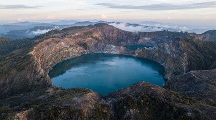 Naklejka premium Aerial view of a stunning volcanic crater lake with deep turquoise water surrounded by rugged mountain ridges at dawn.