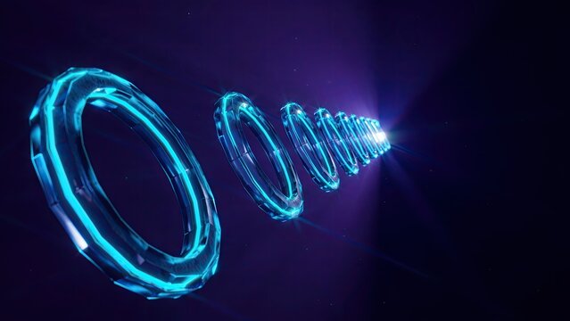 Rings align in a glowing blue tunnel with geometric precision and modern technological depth.